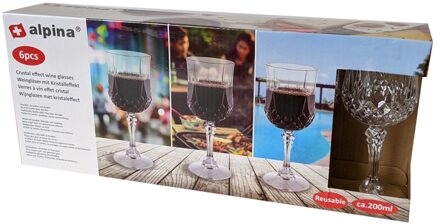 Alpina Plastic Wijnglazen Set 6 Stuks - Kunststof Wijn Glazen 200ml - Wijnglas met Kristaleffect - Plastic Bekers Transparant