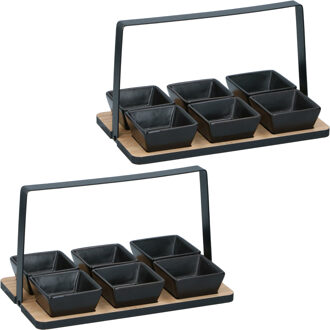 Alpina Serveerplank met 6 schaaltjes - 2x - bamboe - aardewerk - L24 cm