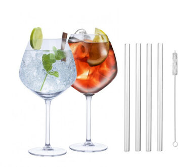 Alpina Set van 4x Gin Tonic cocktailglazen met 4x glazen rietjes - Cocktailglazen Transparant