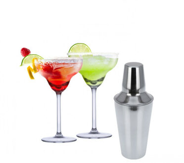 Alpina Set van 4x Margarita cocktailglazen met cocktailshaker RVS - Cocktailglazen Transparant