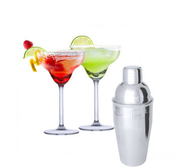 Alpina Set van 4x Margarita cocktailglazen met cocktailshaker semi-mat RVS - Cocktailglazen Transparant