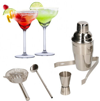 Alpina Set van 4x Margarita cocktailglazen met complete 5-delige cocktailshaker set RVS - Cocktailglazen Transparant