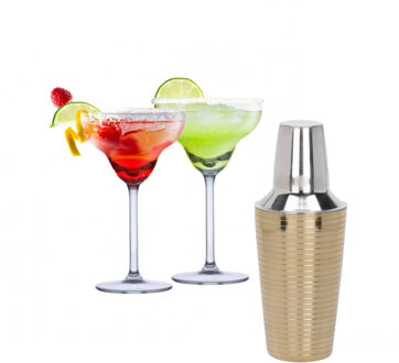 Alpina Set van 4x Margarita cocktailglazen met goud gestreepte cocktailshaker RVS