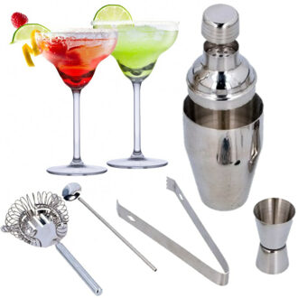 Alpina Set van 4x Margarita cocktailglazen met luxe 5-delige cocktailshaker set RVS - Cocktailglazen Transparant