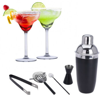 Alpina Set van 4x Margarita cocktailglazen met zwarte 5-delige cocktailshaker set RVS - Cocktailglazen Transparant