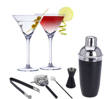 Alpina Set van 4x Martini cocktailglazen met zwarte 5-delige cocktailshaker set RVS