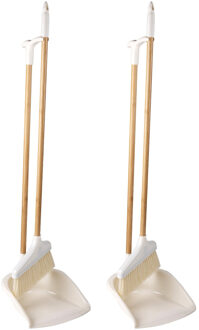 Alpina Stoffer en blik met lange steel - 2x - 92 cm - wit met bamboe steel