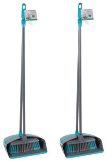 Alpina Stoffer en blik met lange steel - 2x - blauw/grijs - kunststof - 93 cm - bezem/vegen - schoonmaken