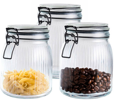 Alpina Voorraad/weck pot - 3x - transparant - geribbeld?glas - 17 x 13 cm - 1,4 L