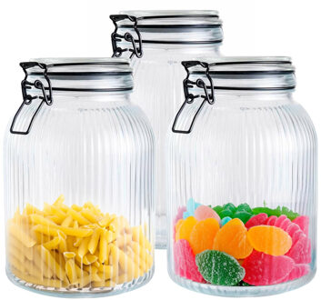 Alpina Voorraad/weck pot - 3x - transparant - geribbeld?glas - 20 x 14 cm - 1,9 L