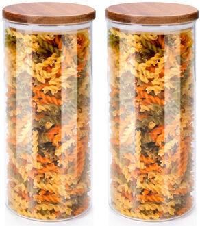 Alpina Voorraadpot/bewaarpot Foodking - 2x - borosilicaat glas - 1250 ml - glas/hout - D9.5 x H21 cm