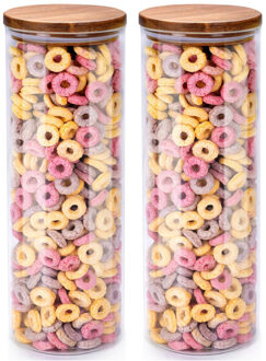 Alpina Voorraadpot/bewaarpot Foodking - 2x - borosilicaat glas - 1650 ml - glas/hout - D9.5 x H27 cm