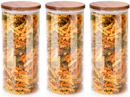 Alpina Voorraadpot/bewaarpot Foodking - 3x - borosilicaat glas - 1250 ml - glas/hout - D9.5 x H21 cm