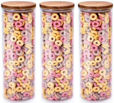 Alpina Voorraadpot/bewaarpot Foodking - 3x - borosilicaat glas - 1650 ml - glas/hout - D9.5 x H27 cm