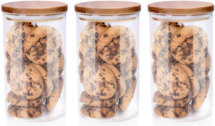 Alpina Voorraadpot/bewaarpot Foodking - 3x - borosilicaat glas - 950 ml - glas/hout - D9.5 x H16 cm