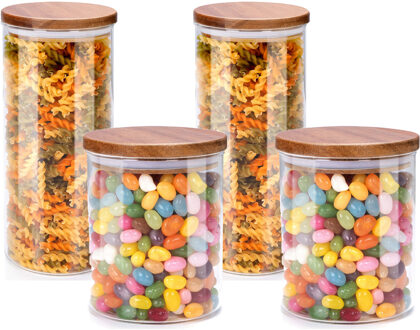 Alpina Voorraadpot/bewaarpot Foodking - 4-delige set - borosilicaat glas - 600/1250 ml - glas/hout