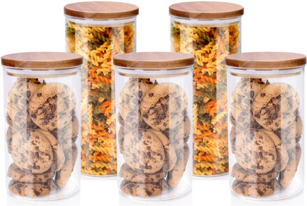 Alpina Voorraadpot/bewaarpot Foodking - 5-delige set - borosilicaat glas - 950/1250 ml - glas/hout