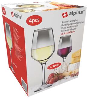 Alpina Wijnglas - 4 Stuks - 360 ML - Transparant met Rookeffect Zwart