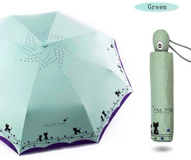 ALS REGEN Romantische Leuke Kat Paraplu Automatische Paraplu Regen Vrouwen Drie-Vouwen Zwarte Coating Parasol Parasols UBY29 groen