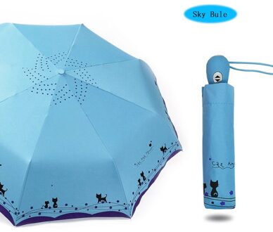ALS REGEN Romantische Leuke Kat Paraplu Automatische Paraplu Regen Vrouwen Drie-Vouwen Zwarte Coating Parasol Parasols UBY29 lucht blauw
