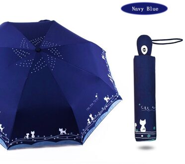 ALS REGEN Romantische Leuke Kat Paraplu Automatische Paraplu Regen Vrouwen Drie-Vouwen Zwarte Coating Parasol Parasols UBY29 marine blauw