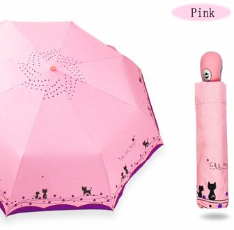 ALS REGEN Romantische Leuke Kat Paraplu Automatische Paraplu Regen Vrouwen Drie-Vouwen Zwarte Coating Parasol Parasols UBY29 Roze