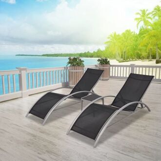 Aluminium Tuinstoelenset - Strandstoelen en Tafel - 156 x 60 x 89 cm - Verstelbare Rugleuning - Zwart
