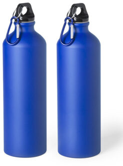 Aluminium waterfles/drinkfles - 2x - blauw - met schroefdop en karabijnhaak - 800 ml