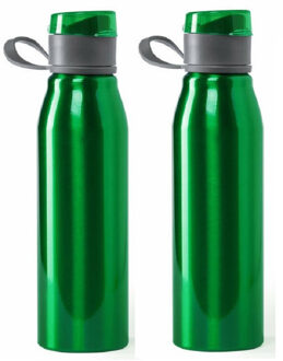 Aluminium waterfles/drinkfles - 2x - metallic groen - met schroefdop - 700 ml - Drinkflessen