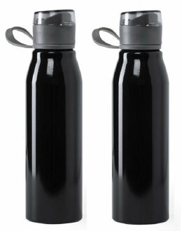 Aluminium waterfles/drinkfles - 2x - metallic zwart - met schroefdop - 700 ml - Drinkflessen