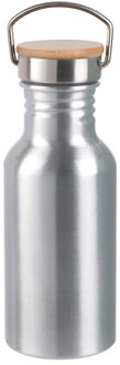 Aluminium waterfles/drinkfles zilver met bamboe schroefdop 550 ml - Drinkflessen Zilverkleurig