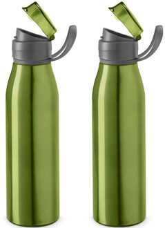 Aluminium waterfles/drinkflesmet klepdop en handvat - 2x - groen - 650 ml - Sportfles - Bidon