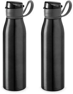 Aluminium waterfles/drinkflesmet klepdop en handvat - 2x - zwart - 650 ml - Sportfles - Bidon