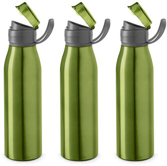 Aluminium waterfles/drinkflesmet klepdop en handvat - 3x - groen - 650 ml - Sportfles - Bidon