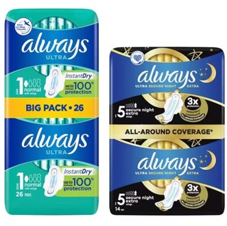 Always Maandverband Always Ultra Normal With Wings & Ultra Secure Night Extra Wings 26 pcs + 14 st
