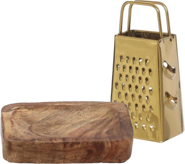 Amberblokjes/geurblokjes accessoire set - kleine rasp en schaaltje - goud/mango hout