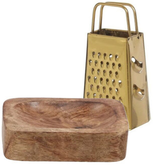 Amberblokjes/geurblokjes accessoire set - kleine rasp en schaaltje - goud/mango hout