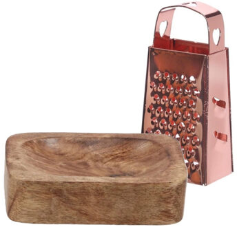 Amberblokjes/geurblokjes accessoire set - kleine rasp en schaaltje - rose goud/mango hout
