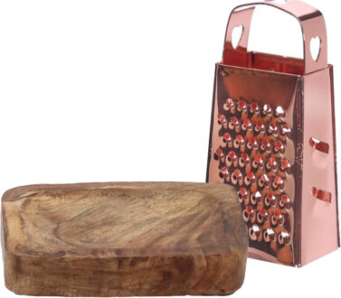 Amberblokjes/geurblokjes accessoire set - kleine rasp en schaaltje - rose goud/mango hout