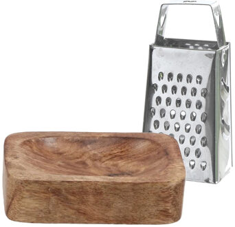 Amberblokjes/geurblokjes accessoire set - kleine rasp en schaaltje - zilver/mango hout