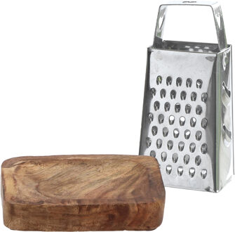 Amberblokjes/geurblokjes accessoire set - kleine rasp en schaaltje - zilver/mango hout