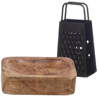 Amberblokjes/geurblokjes accessoire set - kleine rasp en schaaltje - zwart/mango hout