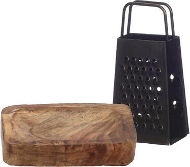 Amberblokjes/geurblokjes accessoire set - kleine rasp en schaaltje - zwart/mango hout