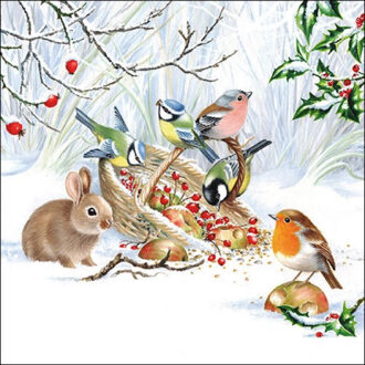 Ambiente 20x stuks diner/lunch servetten 33 x 33 cm winter konijn en vogels - Feestservetten Multikleur