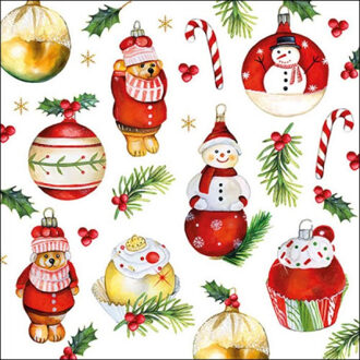 Ambiente 40x stuks kerstdiner/kerst thema servetten met kerstornamenten 33 x 33 cm - Feestservetten Multikleur