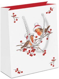 Ambiente Geschenktas Christmas robins wit