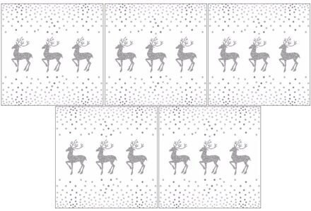 Ambiente Kerst servetten - 100x - rendier en stippen - wit zilver