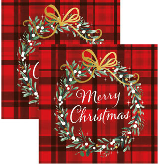 Ambiente Kerst thema servetten - 40x st - rood geruit - 33 x 33 cm - Merry Christmas