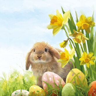 Ambiente Pasen thema servetten - haasje en gekleurde eieren - 60x stuks - 33 x 33 cm - Paasontbijt