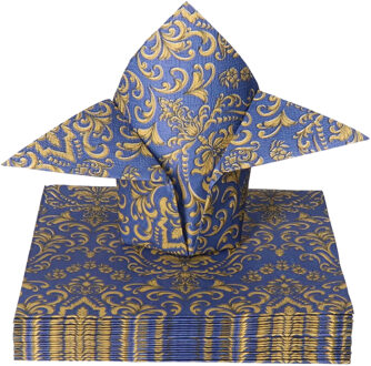 Ambiente Tafel diner servetten - Blauw/goud Barok patroon thema - 20x stuks - 33 x 33 cm